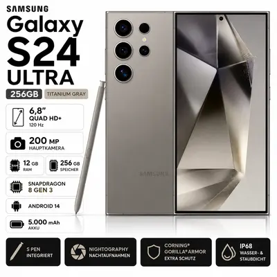 Samsung Galaxy S24 Ultra 256GB Titanium Gray 6,8 Zoll Quad HD 120 Hz 200 MP 12GB