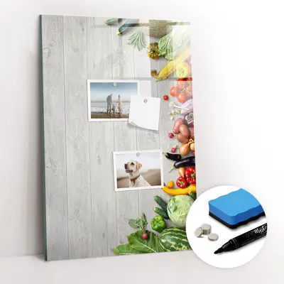 Glas Magnettafel Küche Büro mit Marker Schwamm Magneten Gemüse auf Holz 40x60 cm