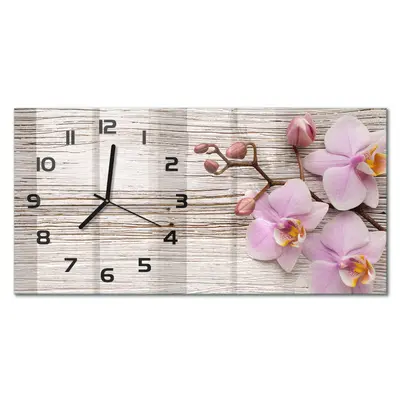 Wanduhr Glas-Wanduhr im Querformat Orchidee auf Holz Schwarze Zeiger 60x30 cm