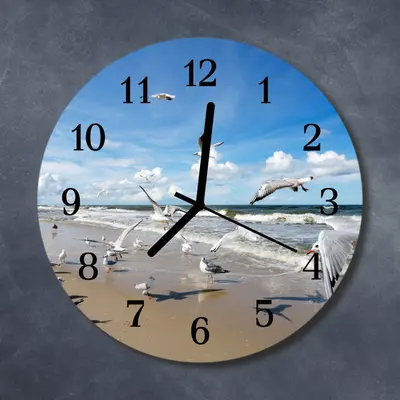Tulup Echt-Glas Uhr Wanduhr Rund Küche 30 cm Strand Möwen blau beige