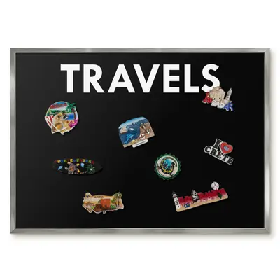 Schwarz Magnetwand Memoboard für Reisemagnete Silberner Rahmen - Travels 70x50