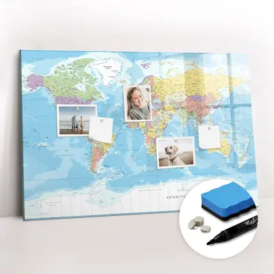 Glas Magnet Pinnwand Wandmontage für Fotos Notizen Politische Weltkarte 90x60 cm