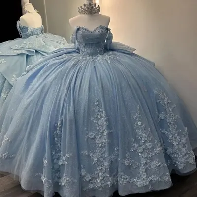 Hellblau 15 Jahre Quinceanera Kleider Ballkleid Perlen Spitze