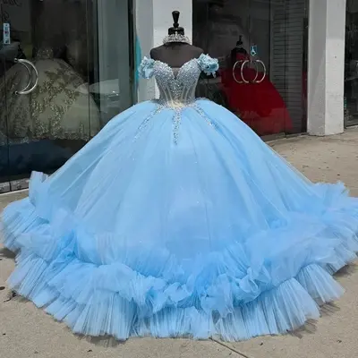 Himmelblau Schulterfrei Quinceañera Kleider für Mädchen mit Perlen Applikationen