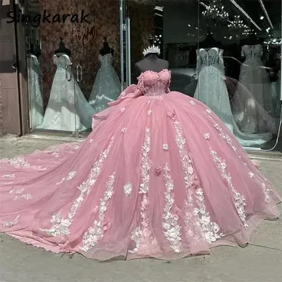 Prinzessin rosa Quinceañera Kleider Ballkleid Blumenapplikationen
