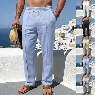 Leichte Herren Freizeithose Sommer Leinen Luftig Bequem Lässig Stoffhose