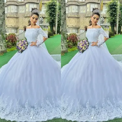 Prinzessin Brautkleider Von der Schulter Langärmelige Spitze Brautkleider