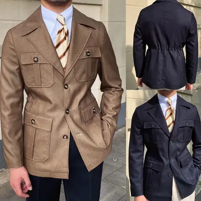 Wolle Herren Safari Jacke Britischer Stil Business Vier Taschen Outdoor Jagd