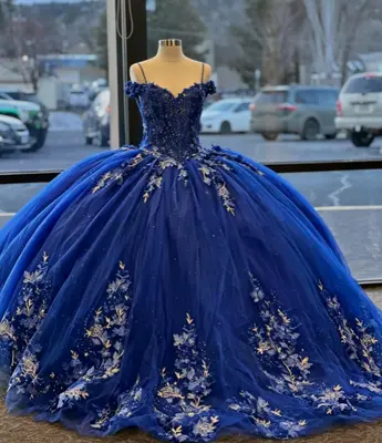 Königsblaues Quinceanera Kleid Schulterfrei Glitzer 3D Blumen Süß 16 Ballkleid