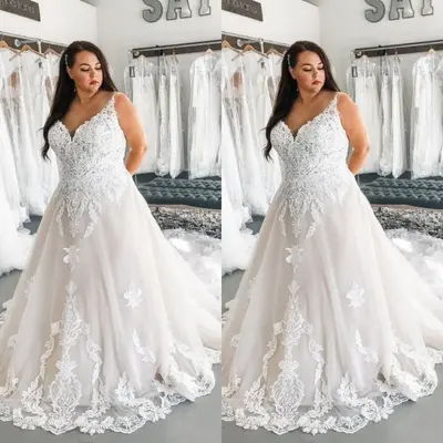 Boho Brautkleider V-Ausschnitt Spitze Applikationen Strand Braut Plus Größe