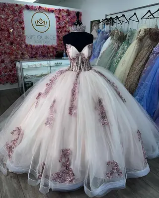 Rosa Quinceanera Kleider 3D Blumen Glitzer Applikation süß 15 Ballkleid