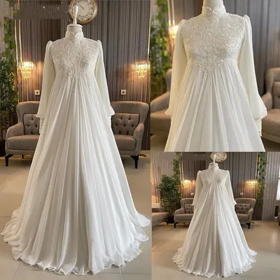 Muslimische Brautkleider Chiffon hochgeschlossen Spitze Langarm A Linie