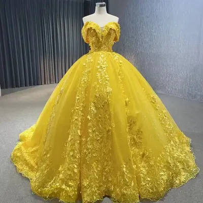 Gelbe Quinceanera Kleider Schulterfrei Süß 15 16 Abschlussball Party Ballkleider