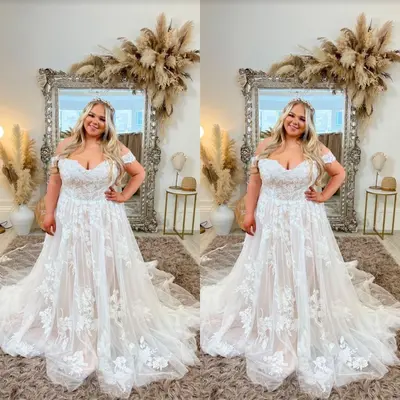 Boho Brautkleider Champagner Schulterfrei Spitze Applikationen Übergröße