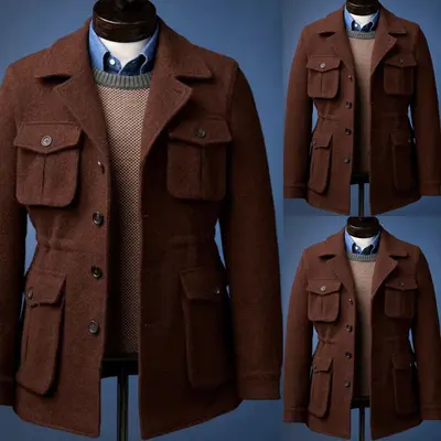 Herren Safari Jacke Wolle 4 Taschen britischer Stil warm lässig Outdoor Jagd