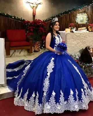 Königsblau Quinceanera Kleider 3D Blumen Applikationen XV Vestido Party