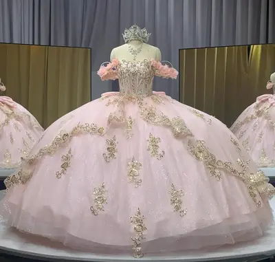 Rosa Quinceanera Kleider Glitzer Gold Applikationen Schulterfrei Festzug