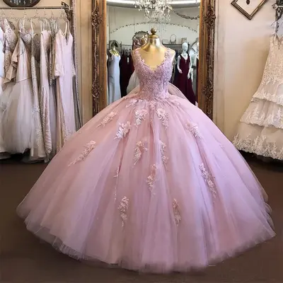 Rosa Spitze Quinceanera Kleider V-Ausschnitt 3D Blumen süß 15 16 Prinzessin
