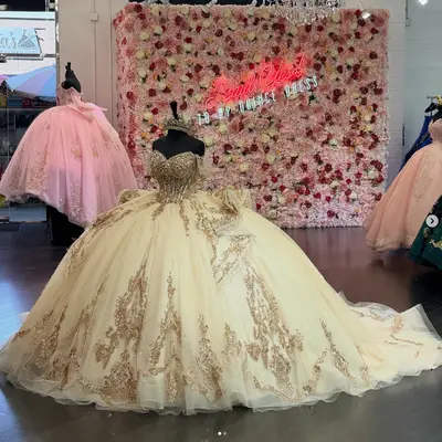 Champagner Quinceanera Kleider Glitzer Gold Applikationen Süß 16 Ballkleid