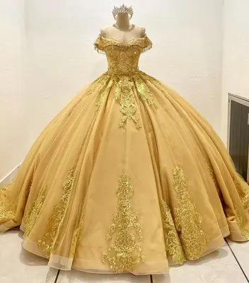 Gold Quinceanera Kleider Gold Applikationen Geburtstag Party Abschlussball süß