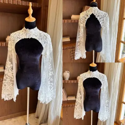 Hochzeit Spitzenjacke Langarm hochgeschlossen Braut Umhänge formell Brautjacke