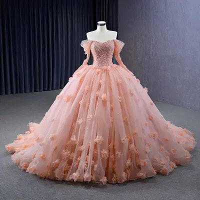 Exquisite Quinceanera Kleider Schulterfrei Langarm 3D Blumen Ballkleid