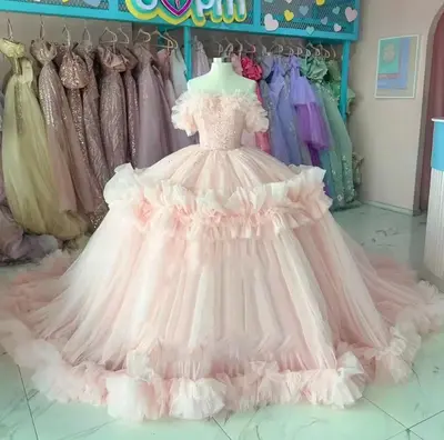 Rosa Schulterfrei Plissee Quinceanera Kleider Tüll Ballkleid