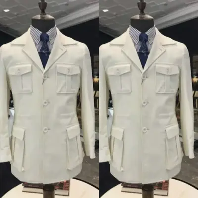 Weiße Herren Safari Jacke Business Blazer Britischer Stil Männer Jagd Mäntel