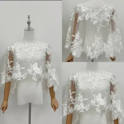 Brautkleid Cape weiß elfenbein Spitze Applikationen Hochzeit Blumen Wickel