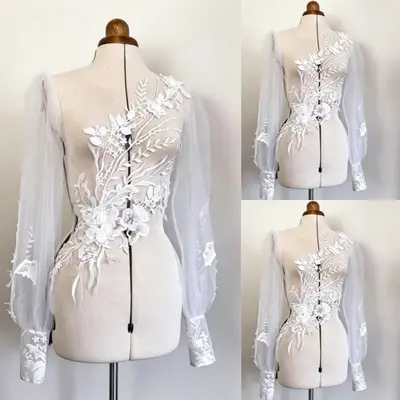 Brautkleid Jacke weiß elfenbein Spitze Applikationen Hochzeit Braut Blumen