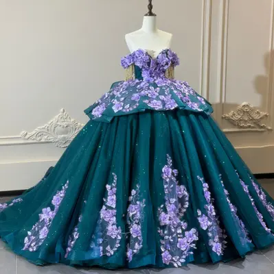 Exquisite Quinceanera Kleider 3D Blume Schulterfrei Süß 15 16 Party Ballkleid