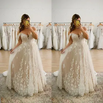 Boho Brautkleider Spitze Applikationen Schulterfrei Übergröße