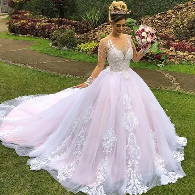 Rosa Langarm Brautkleider Illusion Ausschnitt A Linie Perlen Braut