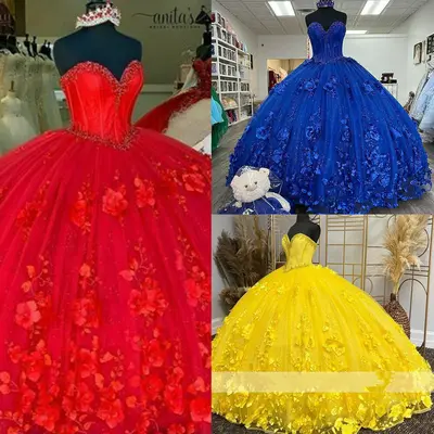 Quinceanera Kleider 3D Blumen Ballkleid Prinzessin Tüll glitzernd süß 16