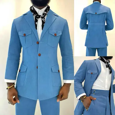 Vintage Blau Denim Herren Anzüge Freizeit 2 Stück Retro Outfits Party