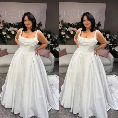 Schlichtes Brautkleid eckiger Ausschnitt Satin A-Linie weiß elfenbein Übergröße