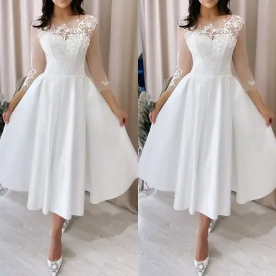 Kurze Brautkleider klassisch 3/4 Ärmel wadenlang weiß elfenbein Brautkleid