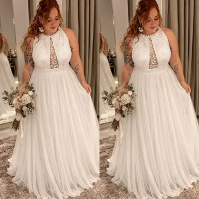 Wunderschöne Brautkleider U-Ausschnitt Spitze Chiffon Übergröße Strand