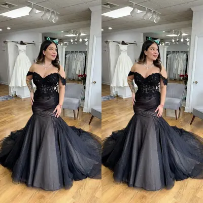Meerjungfrau Gothic Brautkleider Schulterfrei Rüschen Sweep Schleppe Brautkleid
