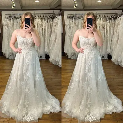 Elegante Brautkleider Spaghettiträger Spitze Applikation A Linie Brautkleid