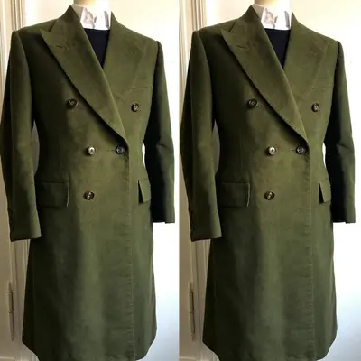 Army Green Herrenmantel Long Overcoat Wide Peak Revers Wolle Kaschmir
