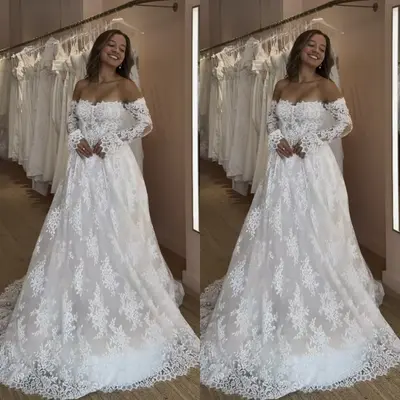 Boho Brautkleider Vollspitze A Linie Schulterfrei Sweep Schleppe Brautkleid