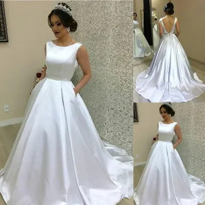 Elegantes Brautkleid Scoop Hals mit Seitentaschen weißes Elfenbein Satin Brautkl