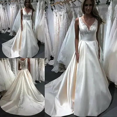 Klassisches Brautkleid Satin ärmellos Spitze hinten A-Linie Sweep Schleppe