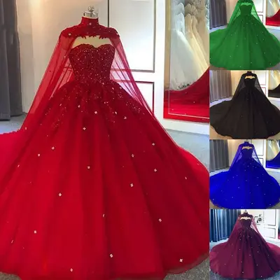 Königsblaues Brautkleid mit Cape Kristallperlen Ballkleid