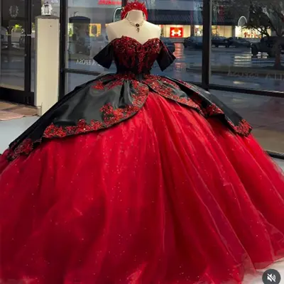 Rote Quinceanera Kleider Schulterfrei 3D Blumen mit Schleife Abschlussball