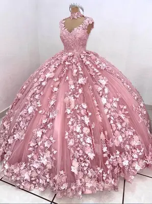 Rosa Quinceañera Kleider 3D Blumen Schulterfrei Süß 16 Ballkleid