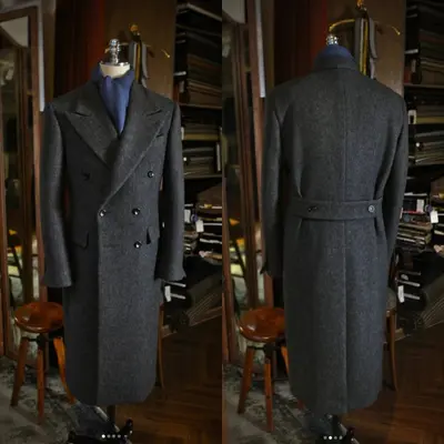 Dunkelgrauer langer Wollmantel Herren Zweireiher Knielang Männer Longjacke