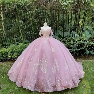 Süßes 15 16 rosa Quinceanera Kleid Glitzer Spitze Applikation Party Ballkleid