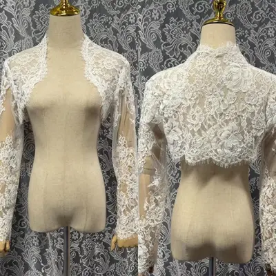Hochzeitsjacke Spitzenapplikationen Langarm Spitze Braut Umhänge formell Braut